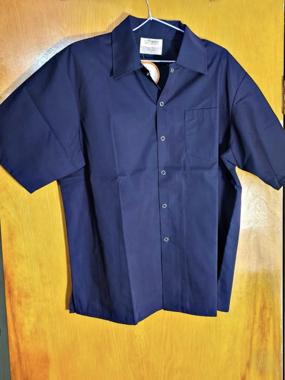 Happy Chef kitchen shirt large navy short sleeve snap front new with tags